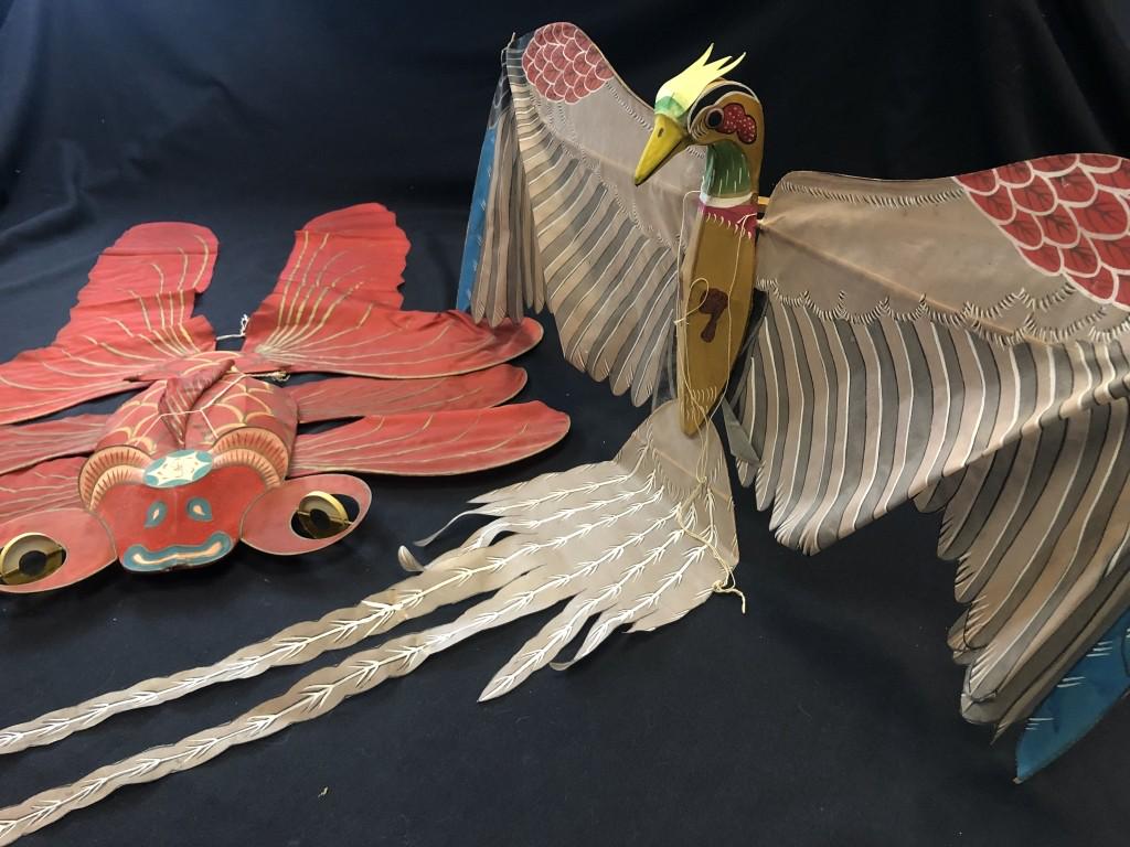 2 Rare Vintage Silk Chinese Kites w/ Wooden Reel: Two Rare & Wonderful Vintage Silk Chinese Handpainted Kites with a Vintage Wooden String Reel. Fabulous design of a Bird & Fish. Incredible detail. Approx. 2-3 Feet wide Assembled. Disassembles for ea