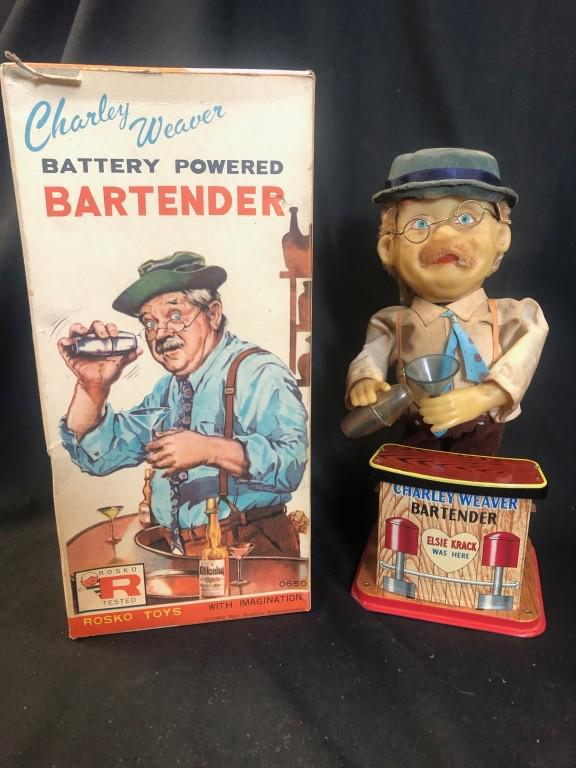 Vintage 1962 Charlie Weaver Bartender &OriginalBox: Vintage 1962 Rosko Early Charlie Weaver Cliff Arquette Bartender with Original Box. With original hat, glasses, martini glass and shaker.