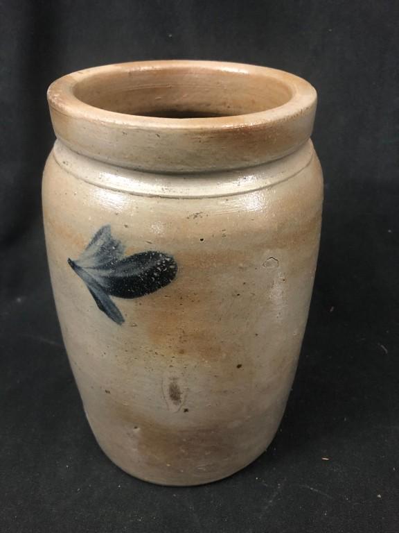 Remmey Crock w/ Cobalt Shoulder Foliate Motifs: Half Gallon Stoneware Salt Glazed Jar crock with cobalt blue Foliate Decoration design on each third of the circumference. Richard C Remmey, Philadelphia, PA ?, c. 1875. cylindrical jar with square ri