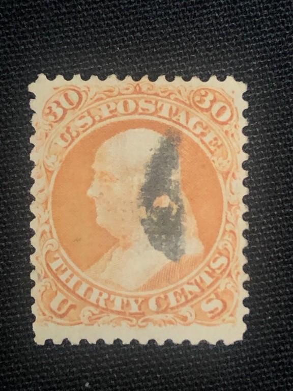 Scott's #100. 1868, 30 Cent Orange "F" Grill: Scott's#100. 1868, 30 CENT orange “F” grill used black cork cancel F/VF. Hard to find well centered, typical tight margins at sides.