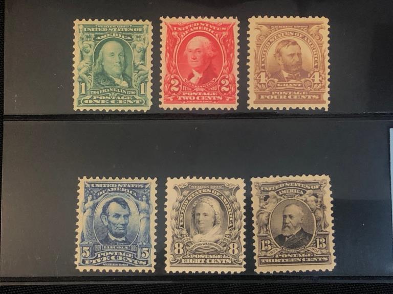 Lot of 6 MNH Stamps 1902-1903 Regular issue: Lot of 6 MNH stamps from 1902, 1903 regular issue. All stamps are very fine or better. #300. 1 CENT blue green. #301. 2 CENT carmine. #303. 4 CENT brown. #305. 5 CENT blue. #306. 8 CENT violet black. 