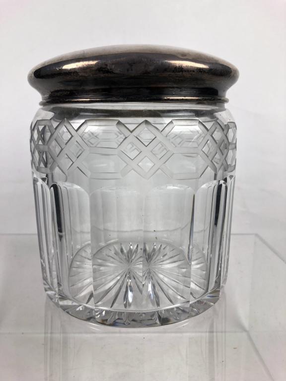 Sterling Silver Lidded & Cut Crystal Biscuit Jar: Sterling Silver Topped Cut Crystal Biscuit / Tobacco Storage Jar, monogram on top reads "HRS". Measures: 6-1/2" x 5"