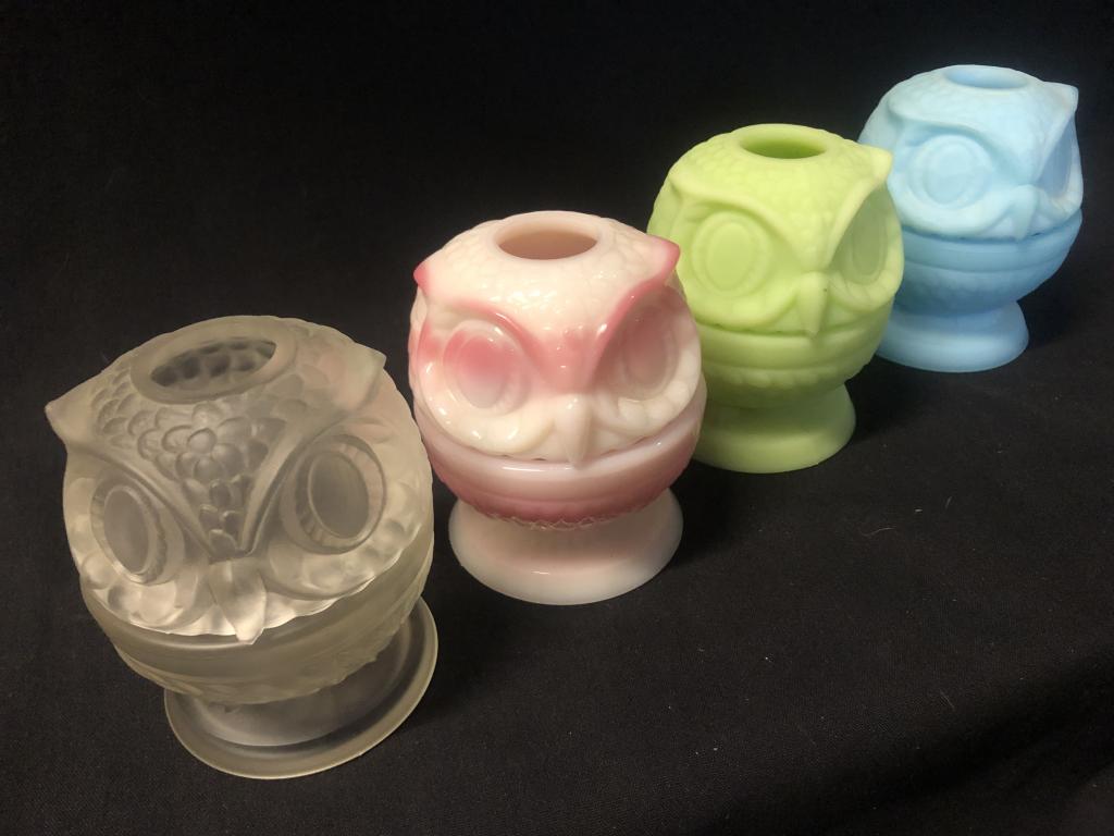 Four Rare Fenton Owl Fairy Lamp Lights inc.Uranium: Set of four owl shaped figural Fenton fairy lamps / fairy lights in different colors: 1) Uranium lime green yellow custard satin glass, 2). Two tone pink & white Rosaline glass; 3). custard satin blue