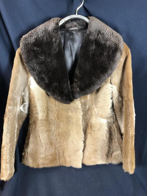 Unusual Two-Tone Fur Coat w/ Sheared Beaver Collar: Unusual Vintage coat with thick brown soft sheared beaver fur collar on top of short single coated panel fur cropped jacket. Measures: 16" shoulder 22" sleeve, 27" collar to hem.