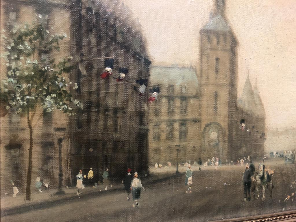 Andre Gisson Signed Oil on Canvas French Streetsce: Oil on Canvas Signed Andre Gisson (1921-2003), American Impressionist Painter. A prolific listed artist. This original is of a French Street Scene. Measures: Framed 14-1/4" x 11-1/4" Site Size: 11-1/2