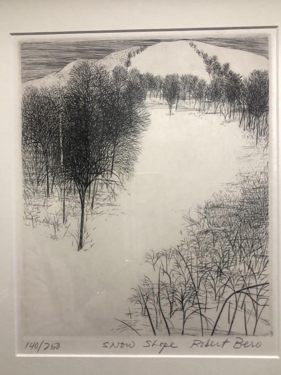 Listed Artist Robert Bero Etching "SnowSlope": Listed Artist Robert Bero pencil signed etching. Signing in pencil "Robert Bero" lower right. Titled and numbered "140/250" and "Snow Slope" Measures framed: 14" x 16" Site Size: 9-1/4" x 11-1/4"