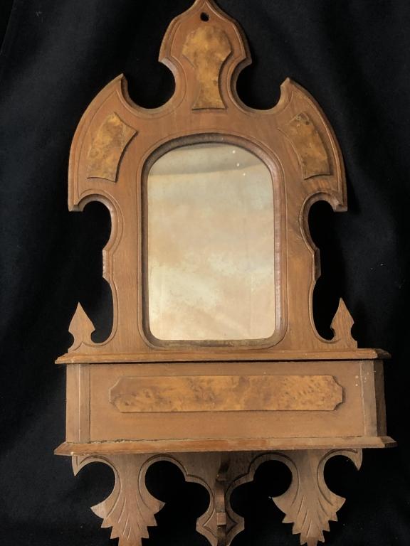 Small Victorian Hanging Glove Box Mirror & Shelf: Striking Victorian era carved two tone walnut & burled wood hanging mirror with built-in glove box shelf. Dramatic shape with gothic details, would be a beautiful addition to your entry way or nook! M