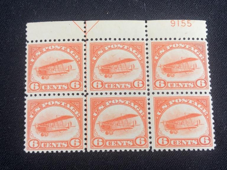 Scott #C1 Airmail. 1918, 6 Cents Orange, MNH: Scott #C1 Airmail. 1918, 6 Cents Orange, MNH Plate Number Block of 6 with Arrow. VF Centering and Very Scarce.