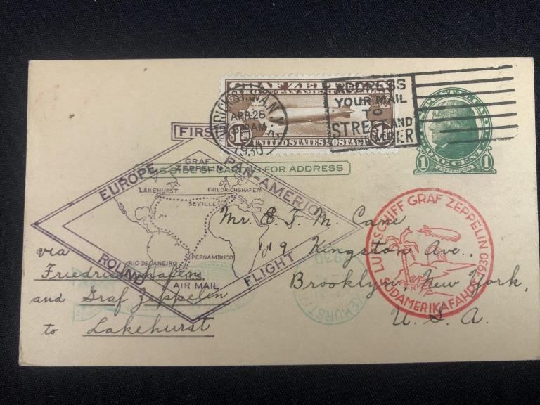 Scott #C14 Cover ($1.30 Cents Brown VF): Scott #C14 Cover ($1.30 Cents Brown VF) Europe, Pan-America Flight via Graf Zeppelin Lakehurst to Brooklyn N.Y. Postcard April 28th, 1930. Postcard is in Very Fine Condition.