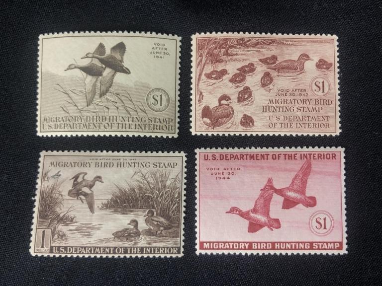 4 MNH Duck Stamps Scott #RW7, 8, 9 & 10: Lot of 4 MNH Duck Stamps. 1) Scott #RW7, 1940, $1 Sepia, XF. 2) #RW8, 1941, $1 brown Carmine, VF/XF. 3) #RW9, 1942, $1 Violet Brown, VF. 4) #RW10, 1943, $1 Deep Rose, XF. An outstanding group with gre