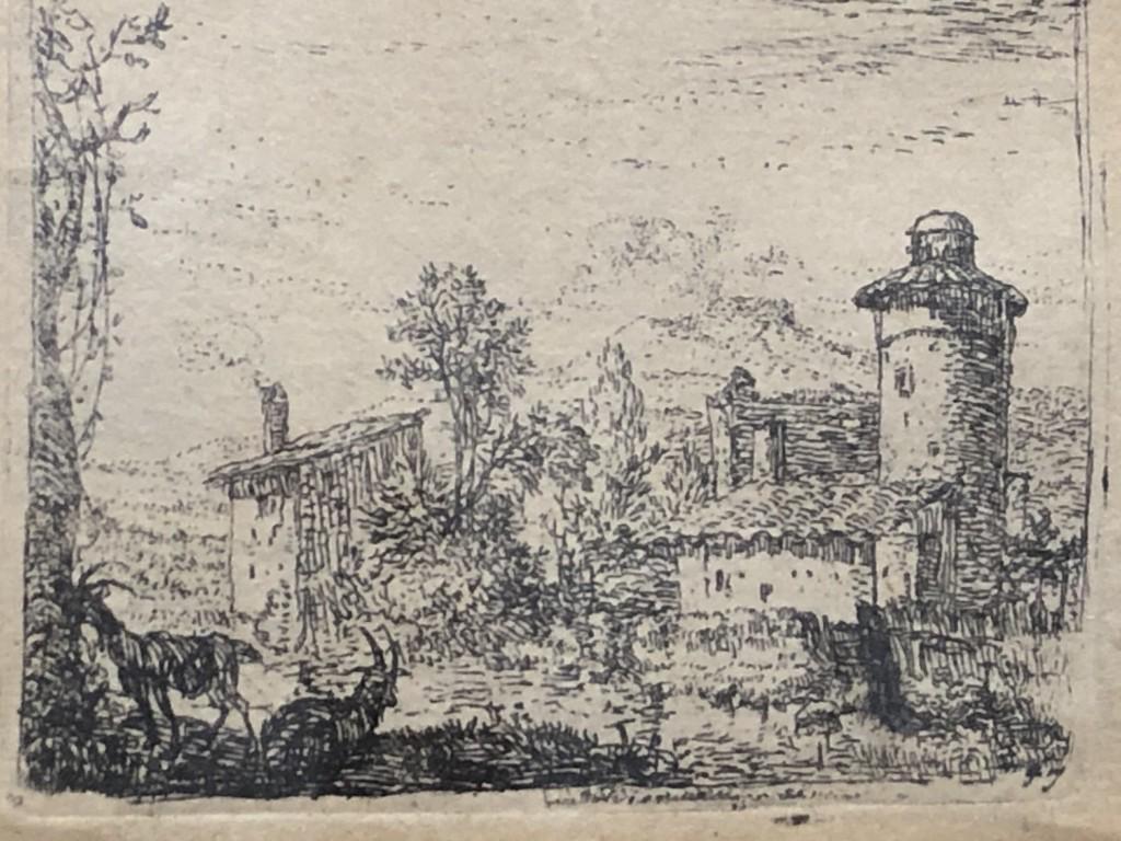 Dujardin Italian Renaissance Landscape Engraving: Wonderfully matted & framed Engraving of Italian countryside with goats by artist Karel Dujardin (b.1622-d.1678), a Dutch painter and etcher. Although active as a portrait and history painter, he is b