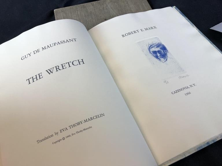 R.E. Marx: Etchings Portfolio "The Wretch" Sp.Ed.: Special Edition 1 of 15 Bound Robert Ernst Marx Signed Portfolio "The Wretch" 4/80 with 10 etchings hand printed on Rives paper by the artist and each signed. The type handset in 18pt. Garamond. "The