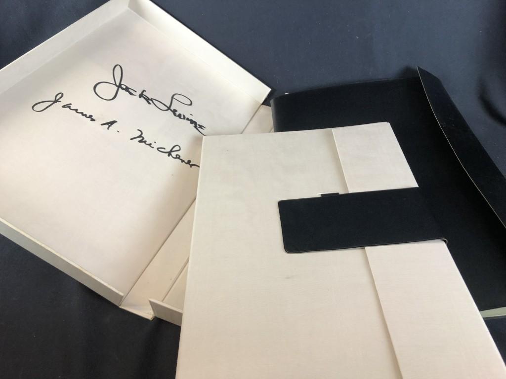 Fabulous Levine & Michener PortfolioSet FacingEast: Fabulous "Facing East" 2 volume portfolio set with text by James A. Michener and 4 original lithographs, original woodcuts, and sketchbook by Jack Levine.1970. Special Limited Edition: no. 776 of 2500