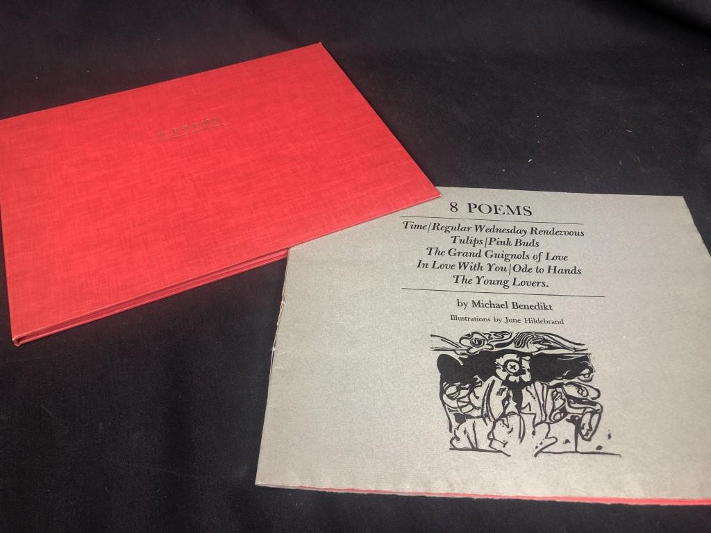 Benedikt "8 Poems" Signed Artist'sPortfolio 51/100: Benedikt "8 Poems" Hildebrand illustrations 51/100 Signed Artists Portfolio. Fine, hand-sewn gray wrappers, red linen case. Unpaginated. "The illustrations by June Hildebrand have been hand printed by
