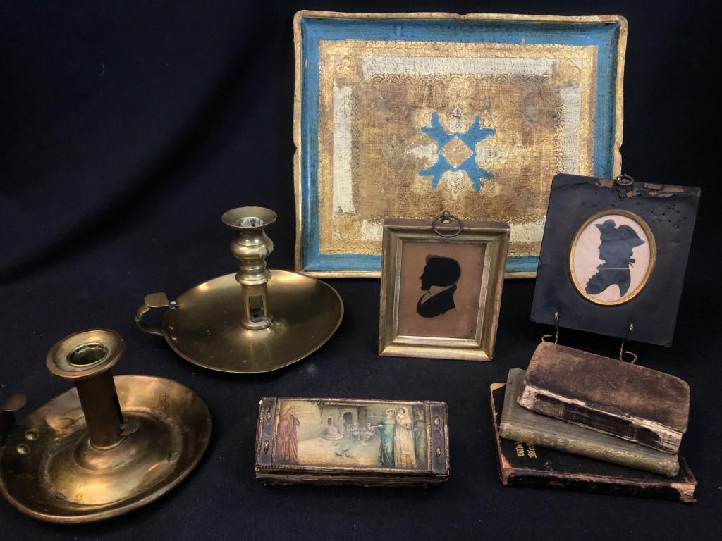 Lot of 10 Unique Antique Study Desk Items: Lot of 10 academic items perfect for a study, library, or parlor. 1. Wonderful Italian painted small wood box with raised plaster embellishment and Italian Renaissance scene. Measures: 5" x 2" x 2" 2.