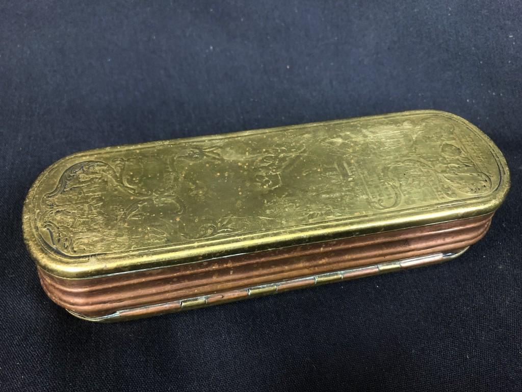 1700's Copper & Brass Embossed Tobacco Snuffbox: Mid 18th Century Circa 1760 Snuff Tobacco Box Johann Heinrich Giese?, Iserlohn Germany. Wonderful antique copper and brass tobacco snuffbox with embossed top and bottom, possibly Dutch, German, Prussi