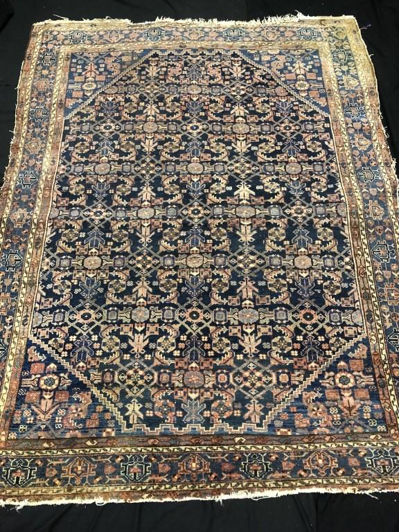 Cool Tones Hamadan Oriental Herati Rug: Handmade Hamadan Iranian Oriental rug with Herati all-over rectilinear leaf & fish pattern in rich cool tones. Wonderful intricate border and corner bracket design. Evenly worn, needs overcasting. Mea