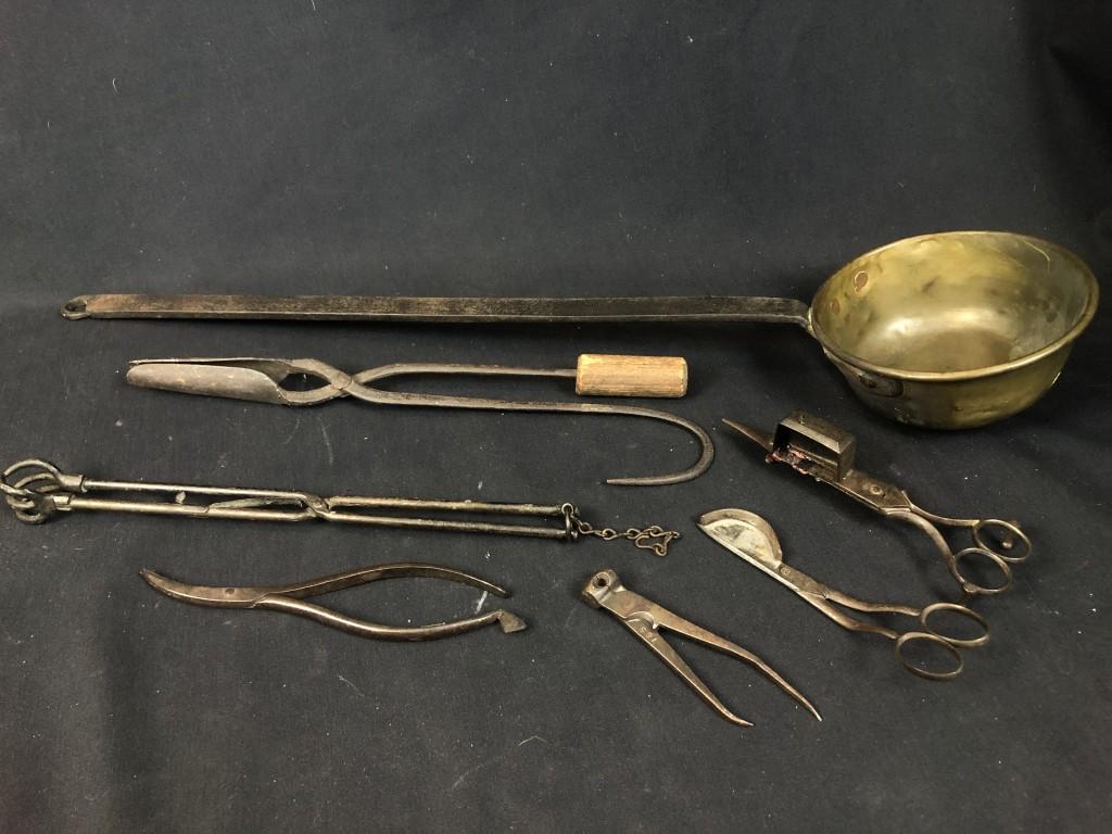 Lot of 7 Antique Primitive Hand Wrought Iron Tools: Lot of 7 Antique Primitive Hand Wrought Iron Tools 1. Three pronged spring coal tongs with chain and closure, measures: 12" long. 2. & 3. Two candlewick scissors, one with snuffer box, C. late 1800s, 