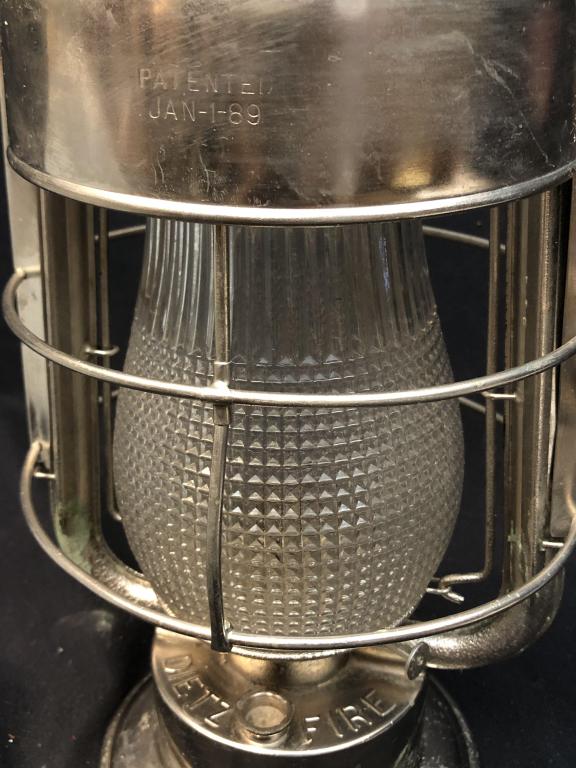 Rare Popcorn Globe Hot Blast Dietz King Lantern: Early Dietz King Firefighter's tubular lantern with rare "popcorn" style clear glass globe. Silver metal frame, reservoir marked "DIETZ FIRE / DEP'T TUBULAR", drop down cage marked "PATENTED / JAN-1-8