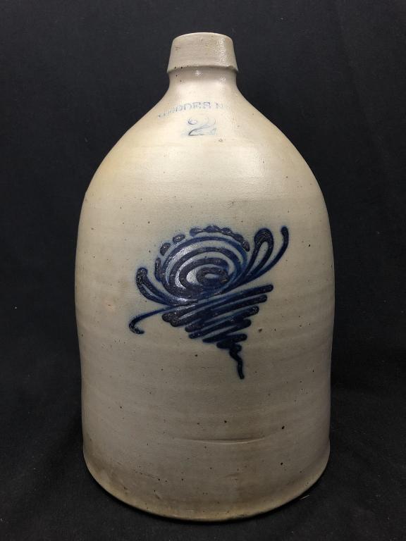 Geddes 2Gal Stoneware Jug w/Cobalt Bee Sting: Geddes, NY 2 Gallon cylindrical salt glazed stoneware jug with tooled semi-square spout and applied handle. "Geddes NY" maker and "2" capacity mark stamped with cobalt blue wash. Very nice slip traile