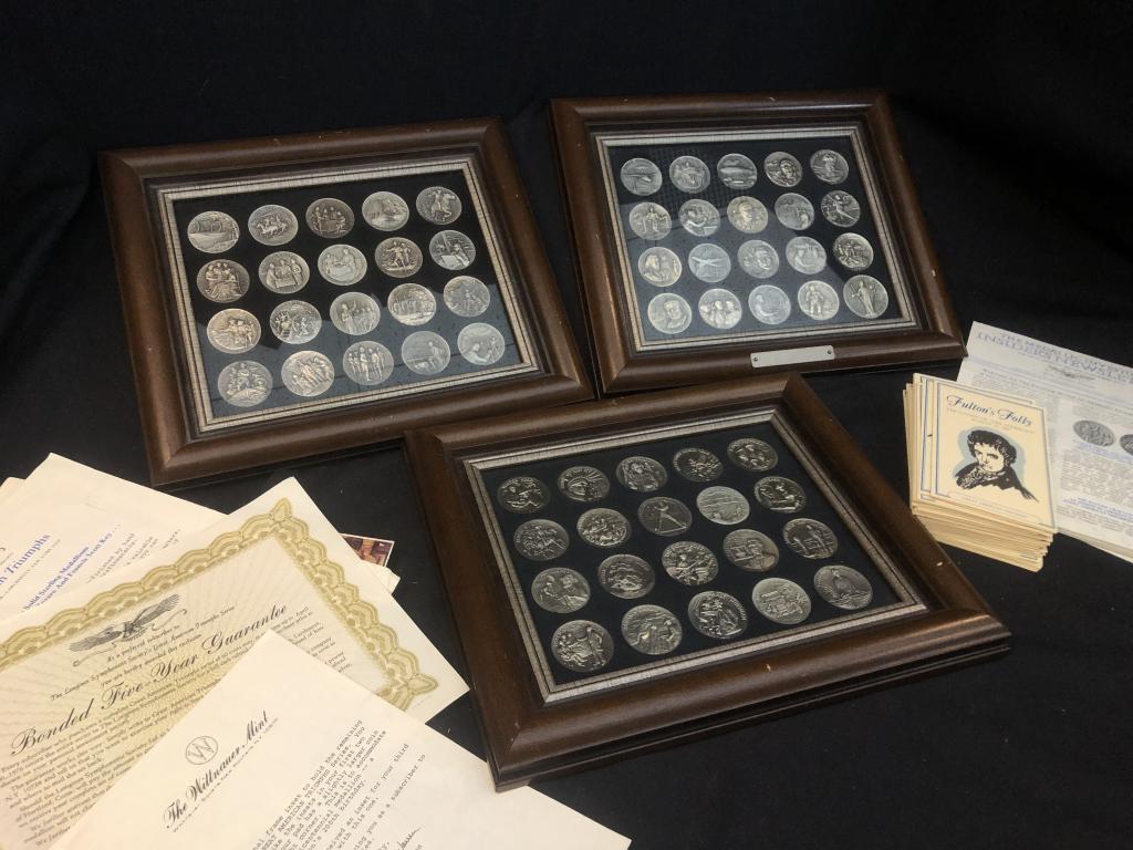 American Triumphs Collectors Set 60 Silver Medals: Complete set of 60 American Triumphs silver medals from the Longines Symphonette Society, minted by The Whittnauer Mint of New Rochelle, NY. The medals are displayed front and back in three specially 