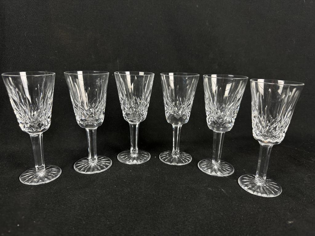 6 Waterford Crystal Vintage Sherry Glasses: Set of six vintage Waterford Crystal Lismore stemmed sherry glasses. Measures: 5" h x 2" w.