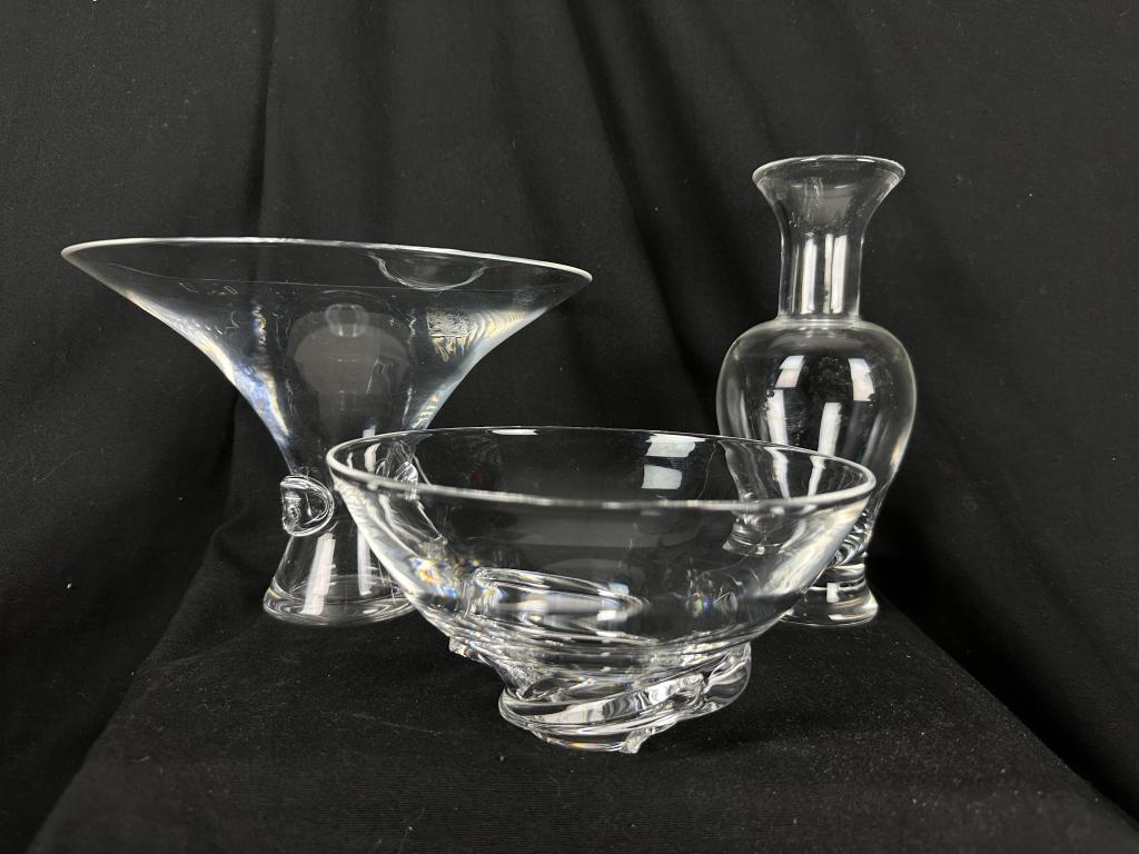 3 Signed Steuben Crystal Art Glass Pieces: 3 Pieces of Signed Steuben Crystal Art Glass 1.) Steuben Signed Crystal Trumpet Form Bouquet vase, "with its cinched waist and flaring rim, this timeless Steuben classic allows flowers to fall natural