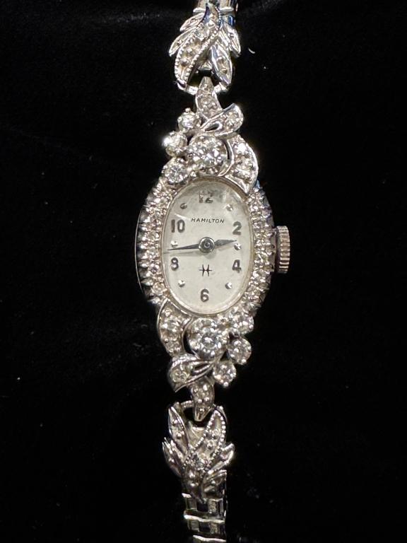 Hamilton Ladies Watch 14K White Gold & Diamond: Ladies Vintage Hamilton watch made of 14K white gold with 18 diamonds on lugs, 12 diamonds in the bezel. Delicate and lovely. Total Weight: 0.525 troy oz