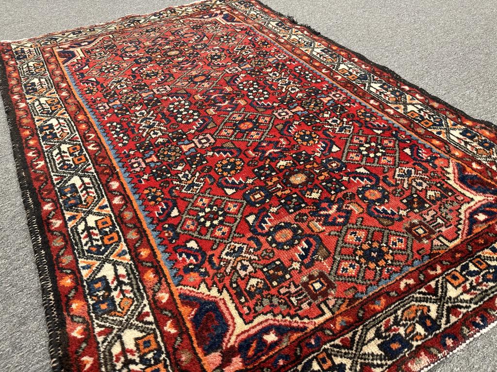 Semi Antique Hamaden Iranian Oriental Area Rug: Semi Antique Hamaden Oriental Area Rug. Herati design with corners. Rose field with ivory border. Made in Iran. Shows appropriate wear for age. Measures: 3'5" sx 5'1"