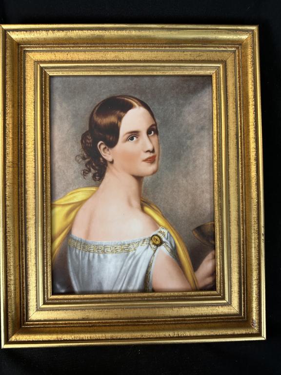 Framed RPM Porcelain Portrait "Antonia" by Stieler: Framed R.P.M German Porcelain Portrait of Female Beauty of Antonia Von Ott (1840) by artist Karl Joseph Stieler (German, b. 1781-d.1858). Marked on back: "R.P.M. / Germany / 7972". Measures: Frame: 11