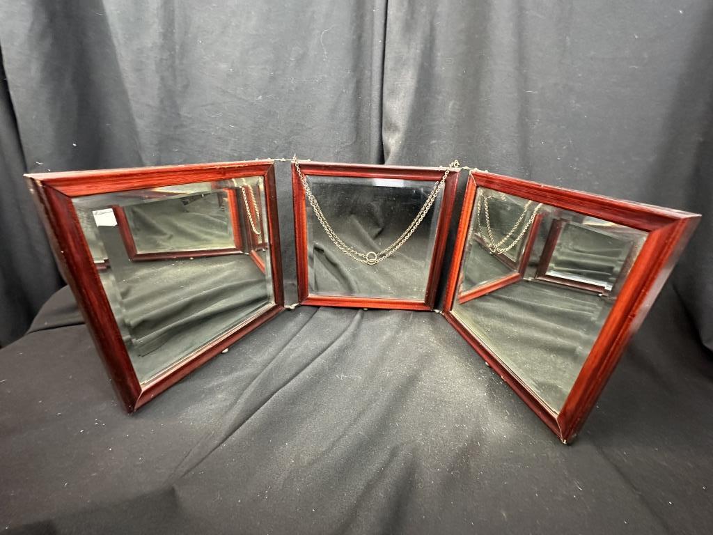 Tri Fold Hanging Traveling Shaving Vanity Mirror: Wonderful Antique Tri Fold Traveling Vanity Shaving Mirror. Can be used freestanding or hung. Very nice beveled edge and mirror glass is in excellent condition without any cracks. Folds like a book wi