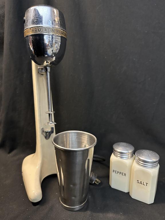 Retro MCM Chrome Kitchen Drinkmaster Mixer, S&P: Retro Mid Century Modern kitchen group including working Hamilton Beach Drinkmaster number 30 with 4-fold aerator. Includes original stainless steel cup. Perfect for milkshakes, malts, cocktails, or e