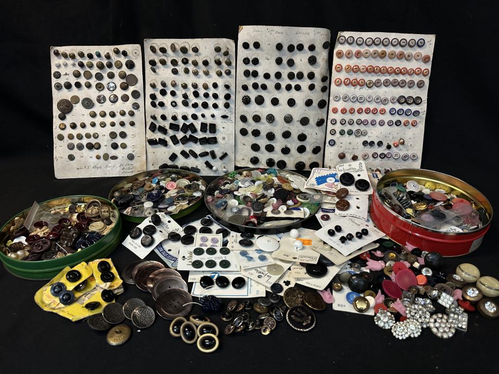 Huge Fabulous Lot of Vintage & Antique Buttons: Hundreds of vintage and antique buttons for sewing and crafts, many in original packaging. From Victorian to MCM, featuring Superparis, Bakelite, porcelain, metal, mother of pearl, and more! Includes