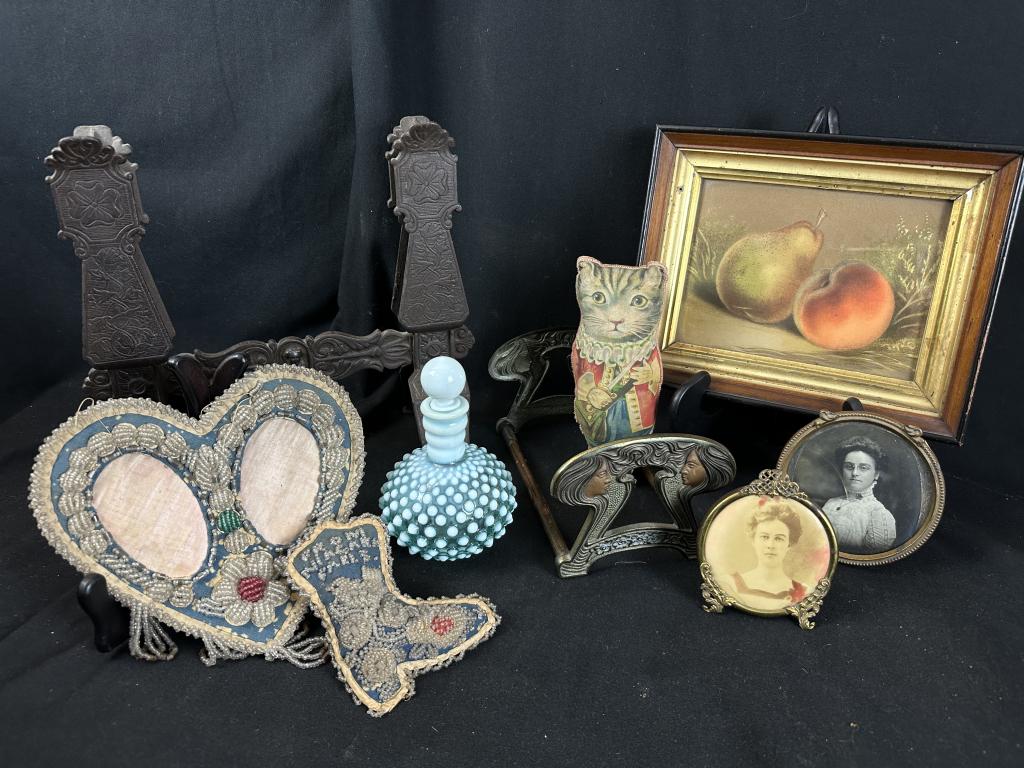 Assorted Antiques & Uniques Smalls 8 pc.: Assorted Antiques & Uniques Smalls 8 pieces: 1.) Victorian cast iron architectural piece with fine detail, measures: 11" h x 12" l x 6-1/2" w. 2-3.) Two round metal frame Edwardian ladies portraits, m