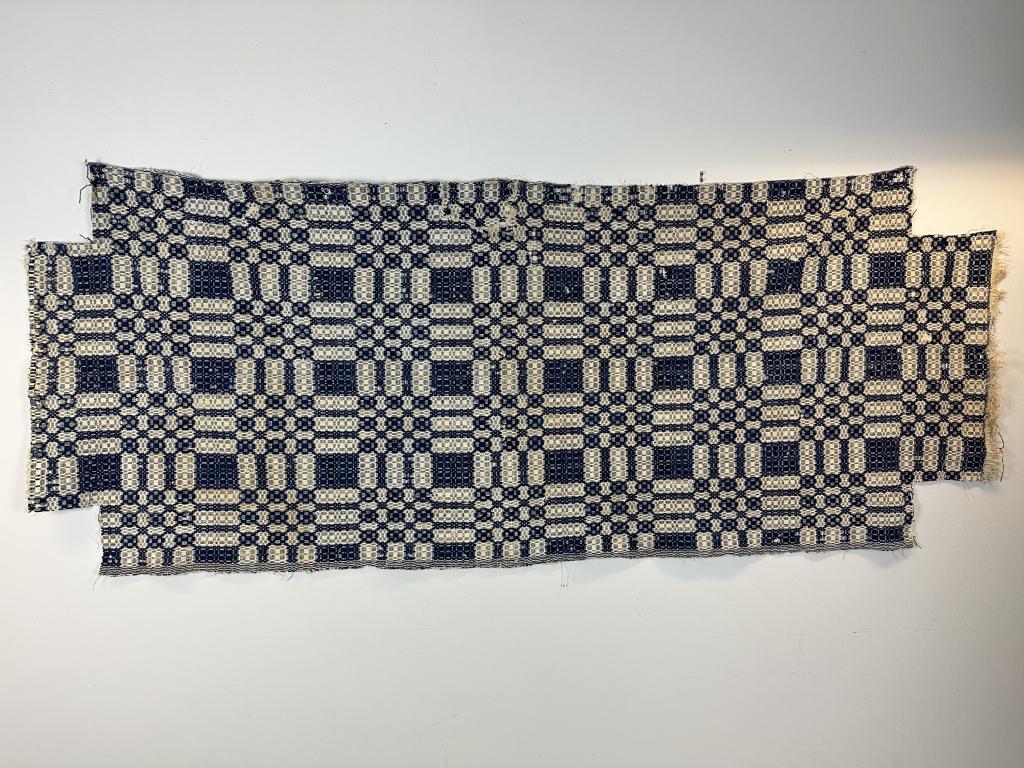 1800's Blue & White Double Weave Antique Coverlet: Early 19th Century Indigo Blue & White Overshot Reversible Antique Coverlet. Features geometric design. Day Bed Sized. During the 19th century coverlets like this would have been placed on top of the 