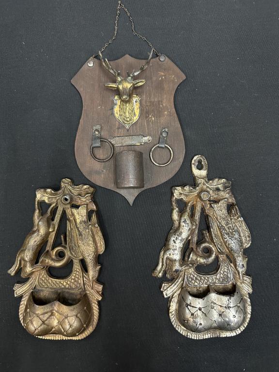 3 Vintage Hunting / Game Wall Match Safe Holders: 3 Vintage wall hanging match safes / holders 2 cast metal one wooden. 1&2) Pair of 2 Hunt Scene cast metal hunter / game design featuring a rabbit, pheasant, horn & rifle with two baskets to hold matc