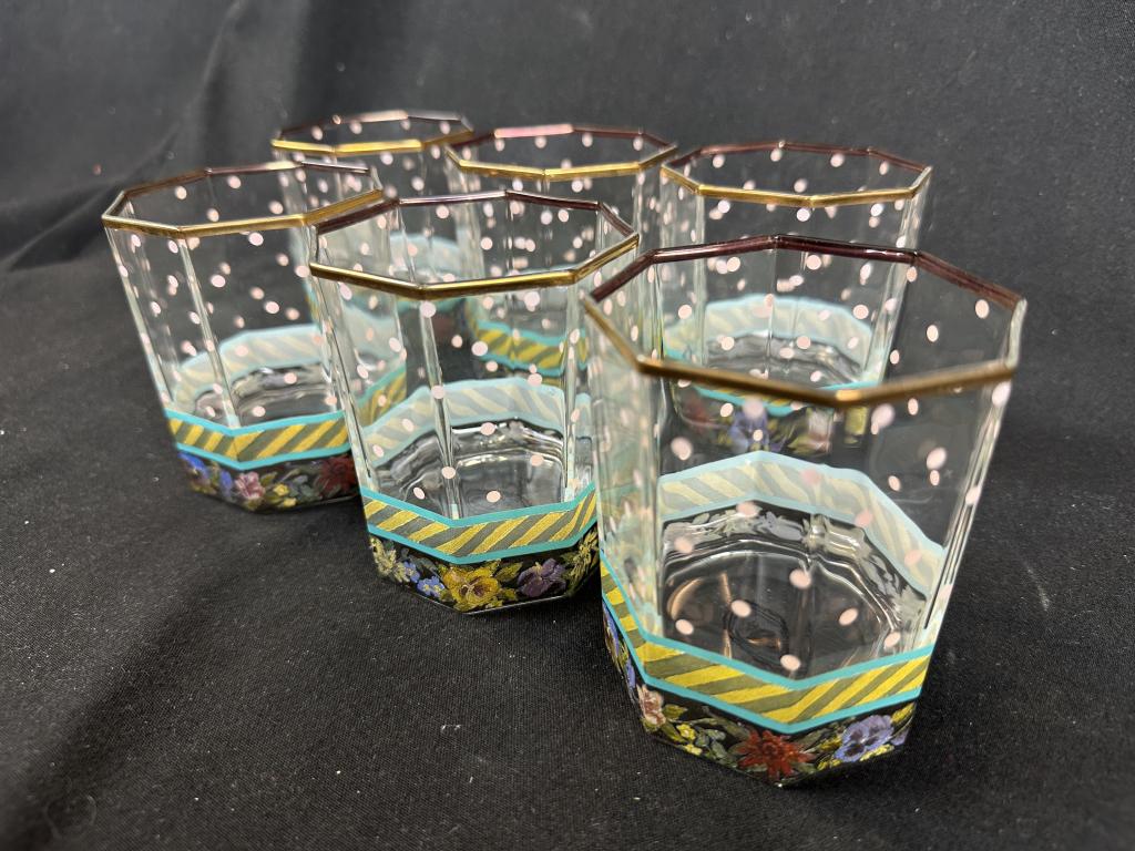6 MacKenzie-Childs Garland PolkaDot Glass Tumblers: Vintage 1983 original set of 8 Mackenzie-Childs Garland Polka Dot Glass Tumblers, Old fashioned / lowball / rocks glasses. Made in Aurora, NY. Features Classic MacKenzie whimsical design with polka do