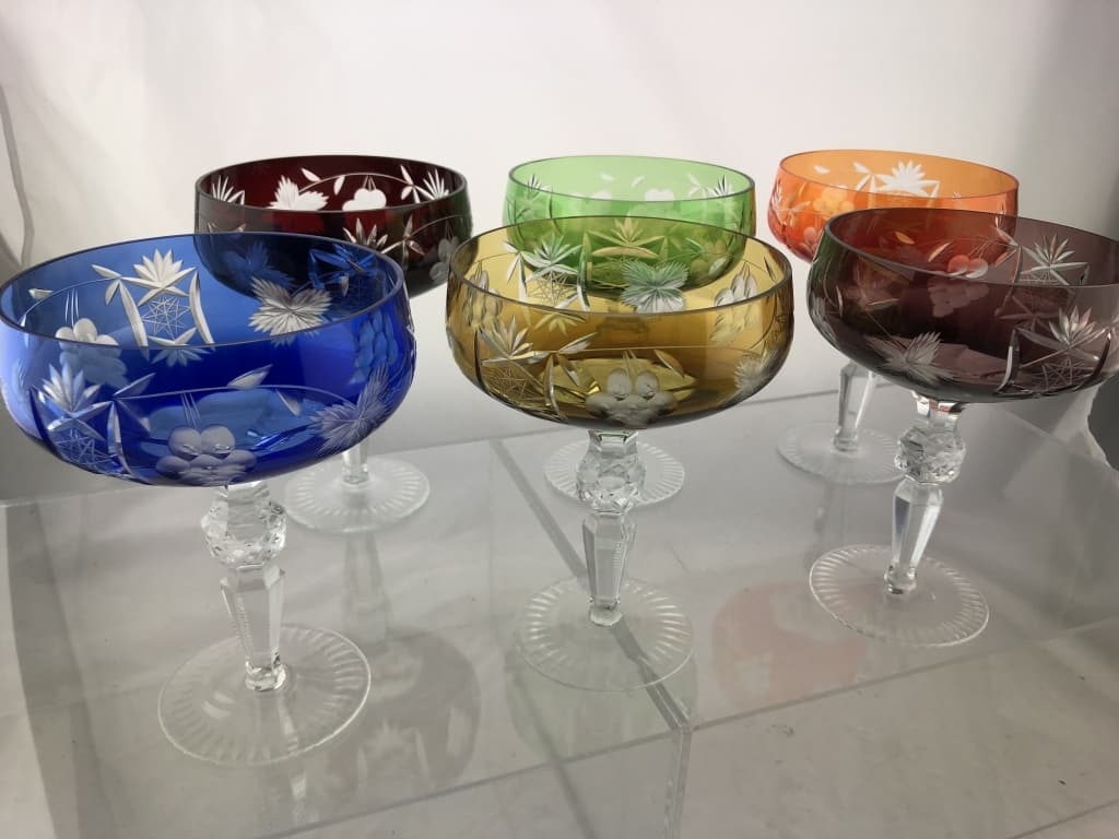 6 Colored Bohemian Cut Crystal Cocktail Glasses: Set of six Bohemian color to clear cut crystal stemmed glasses. Beautiful grape, vine, and star etching on glasses colored red, orange, yellow, green, blue, and purple. Perfect for red wine, creative