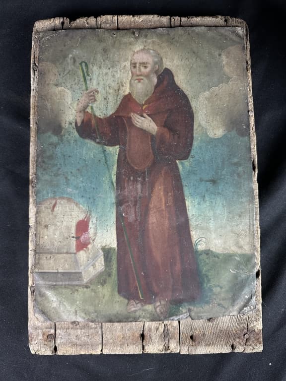 Rare Saint/ Monk Painting On Tin Mounted On Wood (1 of 9)