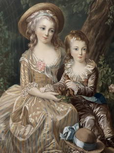 Portrait of Marie Antoinette's Children - Le Brun: A lithograph of &#201;lisabeth Louise Vig&#233;e Le Brun's delightful 1784 portrait of Madame Royale and the Dauphin Louis Joseph seated in a garden, which was commissioned by their mother Marie Antoi