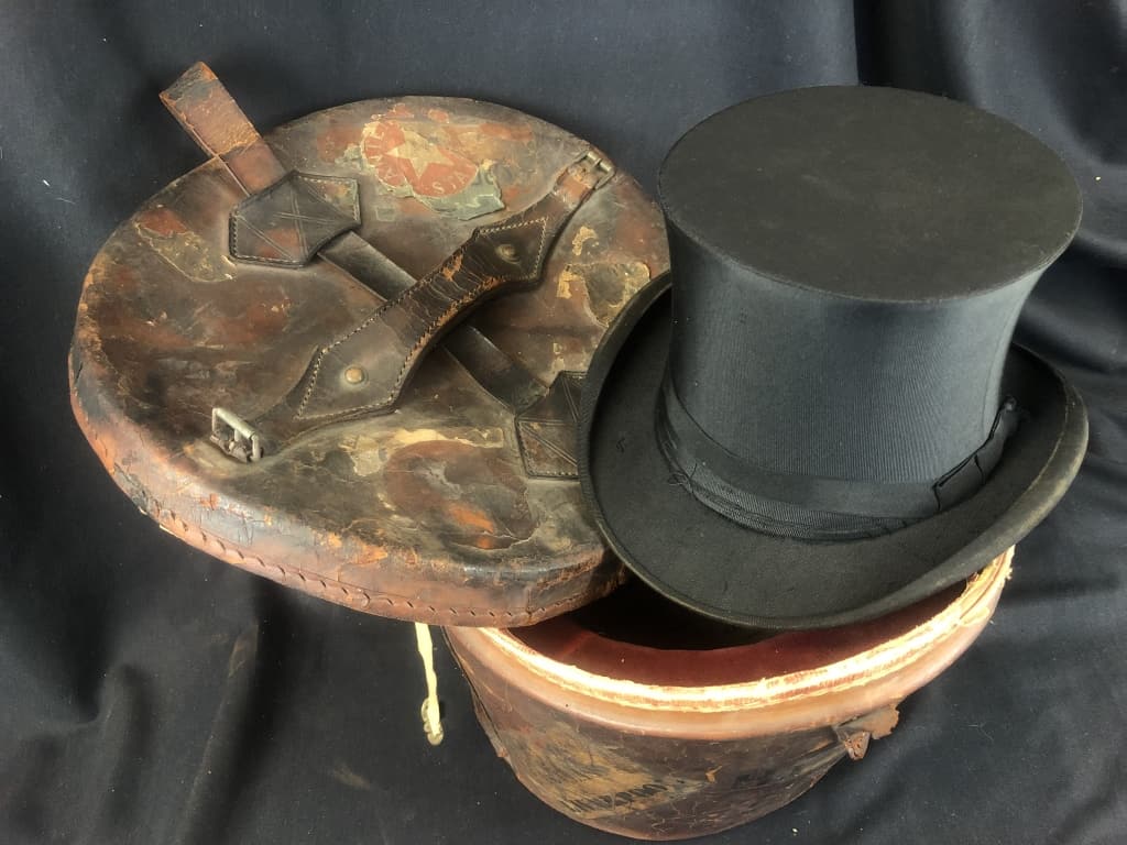Victorian Leather Luggage Hatbox W/ Top Hat Auction