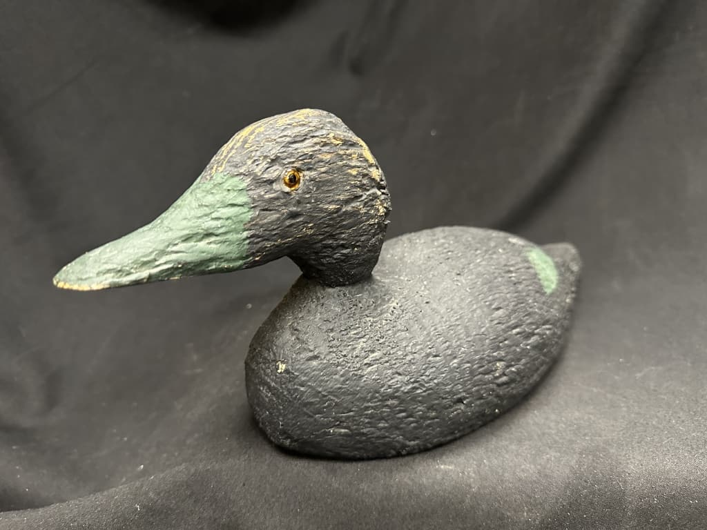 Antique Wooden Duck Decoy Black Green Glass Eye Auction
