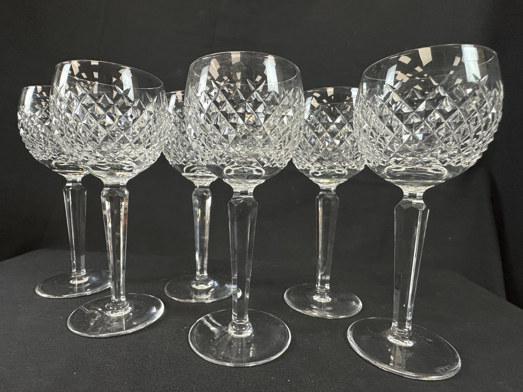 6 Waterford Crystal Alana Oversize Wine Glasses: Set of 6 Waterford Crystal Crosshatch Oversize Red Wine glasses. Each stem marked Waterford. Measures: 7 5/8 in. x 3 3/38 in.