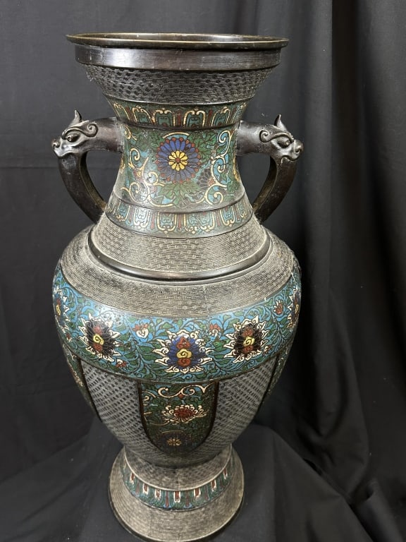 Twin Handled Asian Cloisonne Bronze Floor Vase 30" (1 of 17)