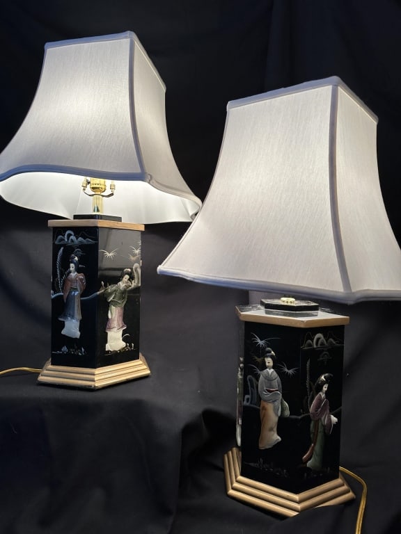 Pr. of Black Lacquer Asian Figural Table Lamps (1 of 9)