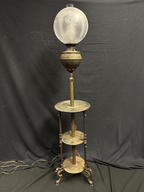 Victorian Brass Convert Floor Oil Lamp EtchedGlobe (1 of 12)