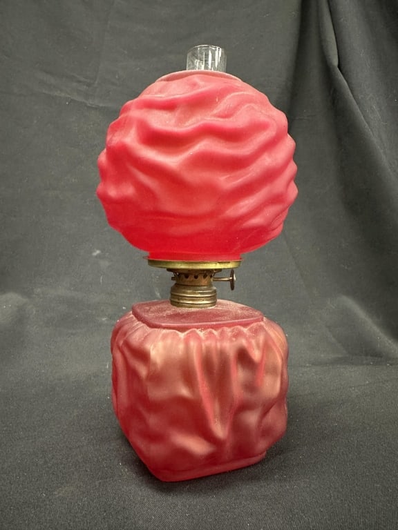 1890's Ruby Red Satin Glass Mini Draped Oil Lamp (1 of 11)
