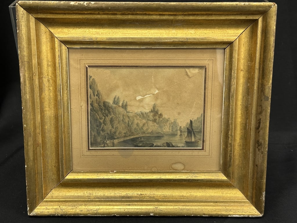 19th Century Watercolor Waterscape Bay: 19th Century Watercolor Waterscape depicting a quiet Bay with sail boats and large home in background. Artist unknown. Some damage see pics. Measures framed 9-3/4" x 11" site size: 9-3/4" x 11" Site s