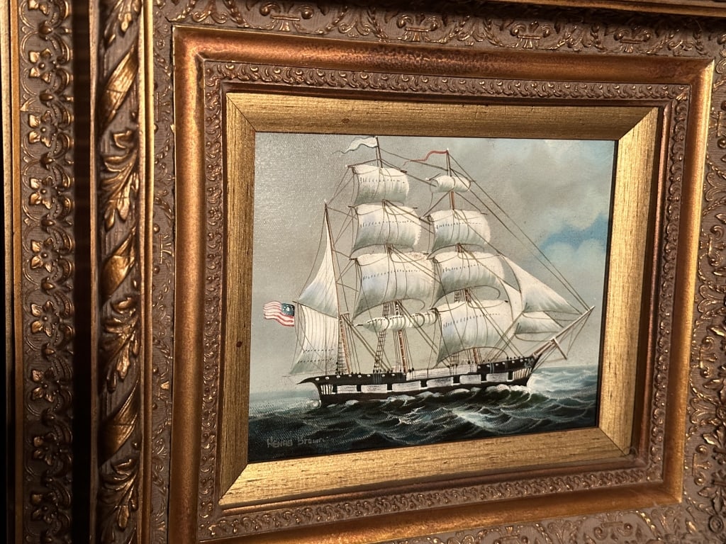 Signed H.Brown Oil onCanvas ClipperShip w AmerFlag: Marine Oil on Canvas Signed Henry Brown lower left corner. American Clipper Ship with American flag at Sea in a gold gilt frame. Measures: framed 18-1/2" x 16-1/2" Site size: 8-3/4" x 6-3/4"