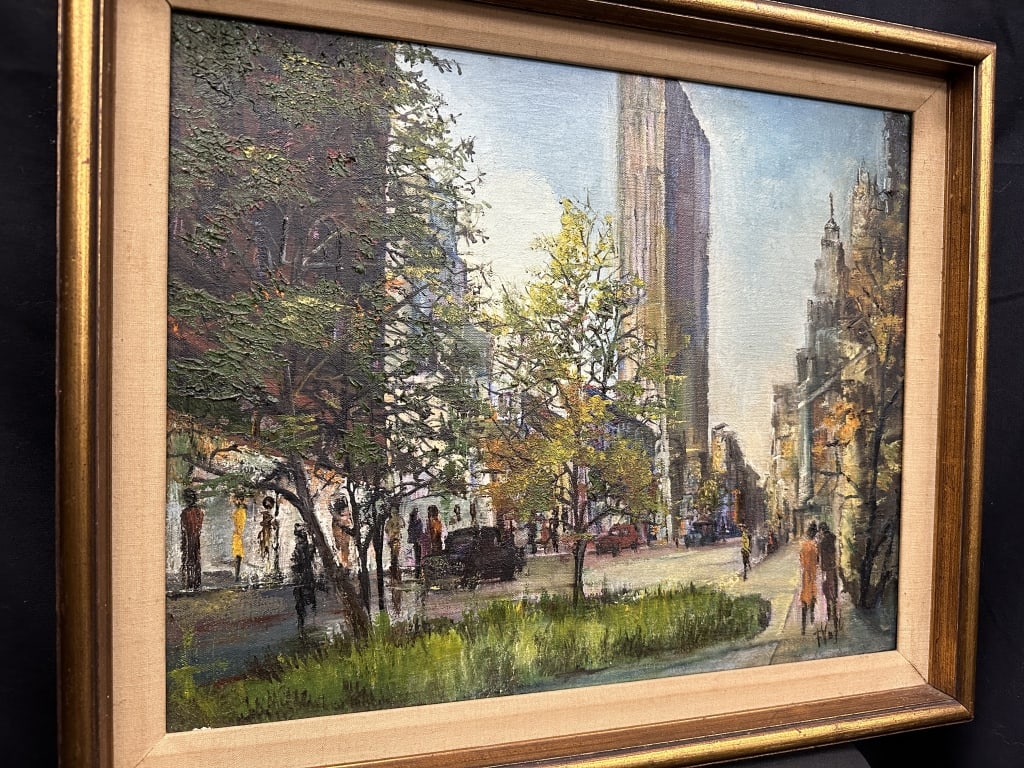 Attractive Oil onCanvas Signed F Vogl? Streetscape: Attractive Oil on Canvas Signed lower right corner. F Vogl? or Flug? See pics. Streetscape. City Buildings, cars and people with some greenery. Impressionist Style. Measures: Framed 24" x 19-1/2" site